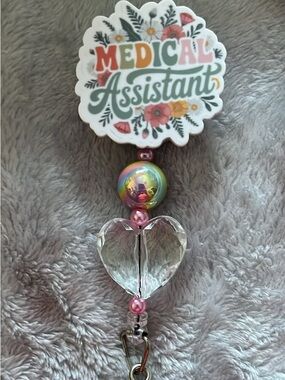 Medical Assistant Badge Reel with Floral Logo and Clear Heart Charm